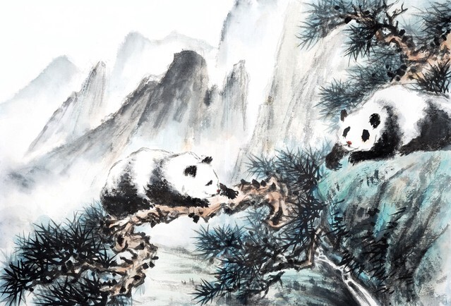 Chinese painting of pandas in the mountains